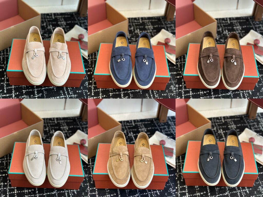0 elegant suede loafers in beige, navy, brown, taupe, and gray displayed on boxes, showcasing timeless quiet luxury and versatile capsule wardrobe style