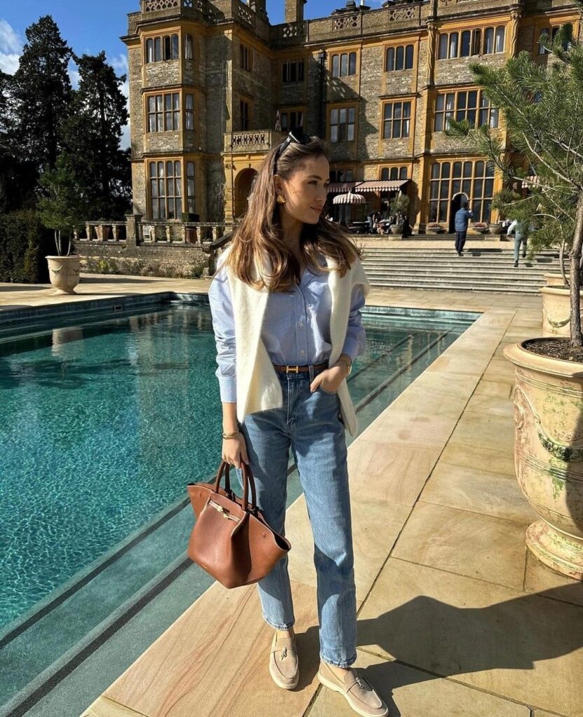 5 quiet luxury denim look – cream loafers, blue shirt, brown tote, countryside chic