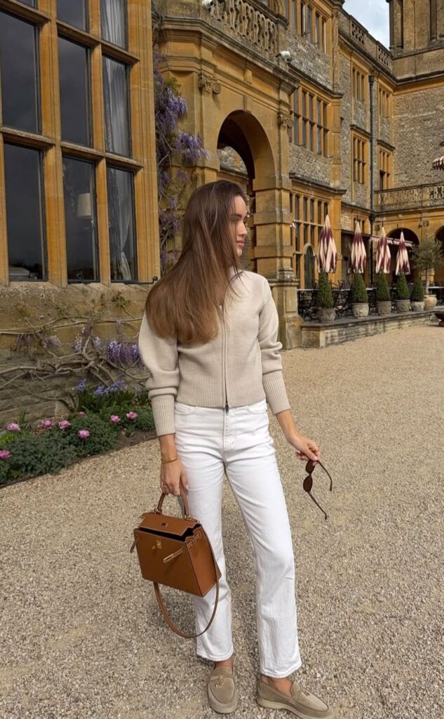 8 capsule wardrobe style – beige loafers with white jeans and tan blazer