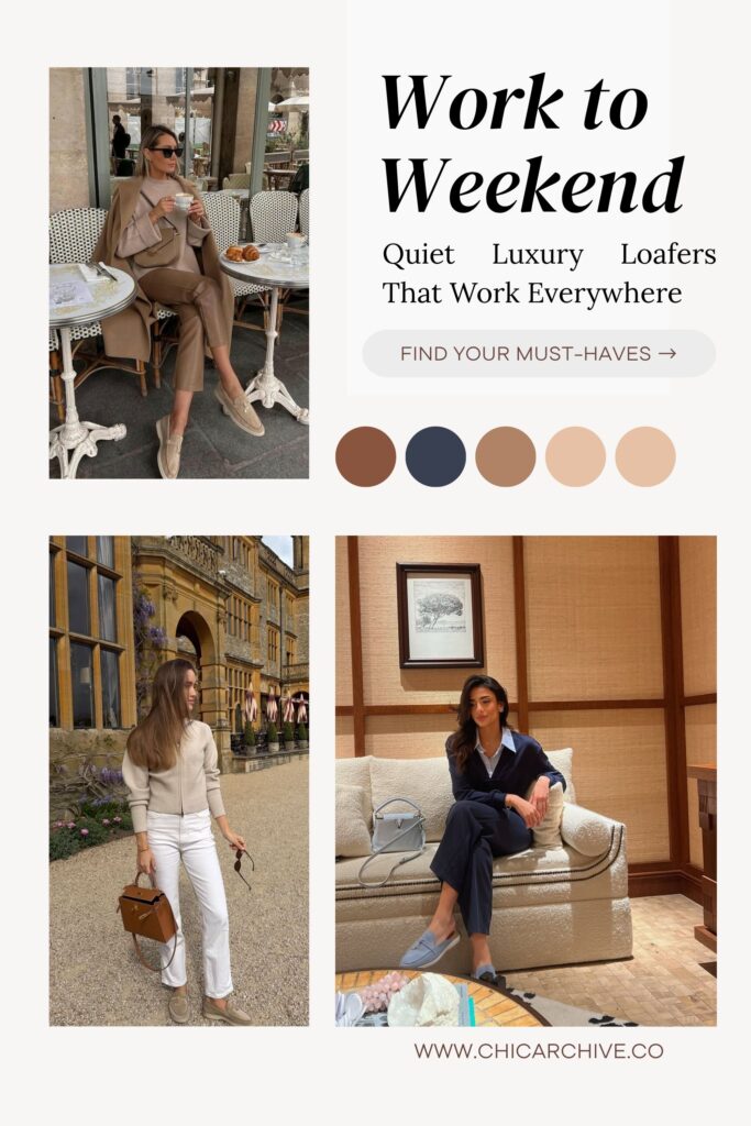 Women wearing quiet luxury suede loafers styled for work and weekend outfits in neutral tones, showcasing timeless elegance and versatile capsule fashion.