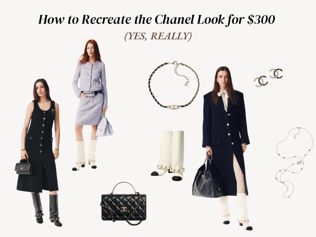 Editorial collage showcasing how to achieve the iconic Chanel-inspired look for under $300, featuring tweed sets, quilted handbags, pearl and chain jewelry, and classic black-and-white pieces that capture timeless Parisian elegance on a budget.