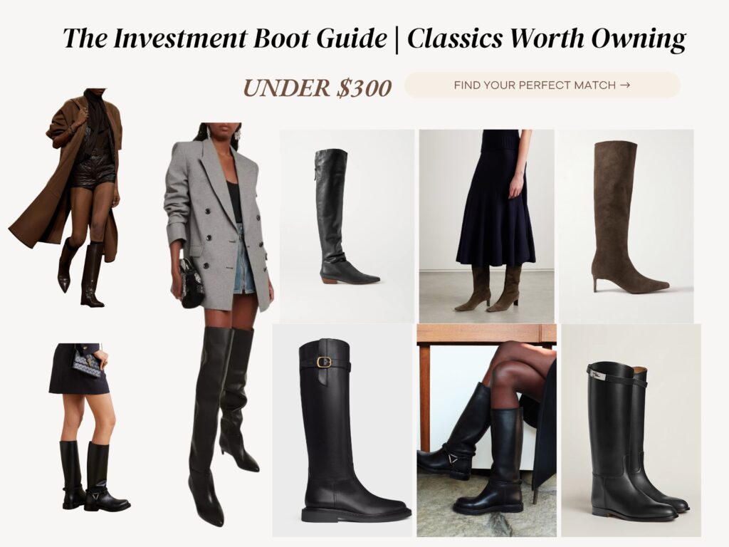 Collage of tall leather and suede boots in black and brown tones styled with tailored blazers, skirts, and long coats. Features minimalist silhouettes and refined details, representing quiet luxury and timeless fall fashion.