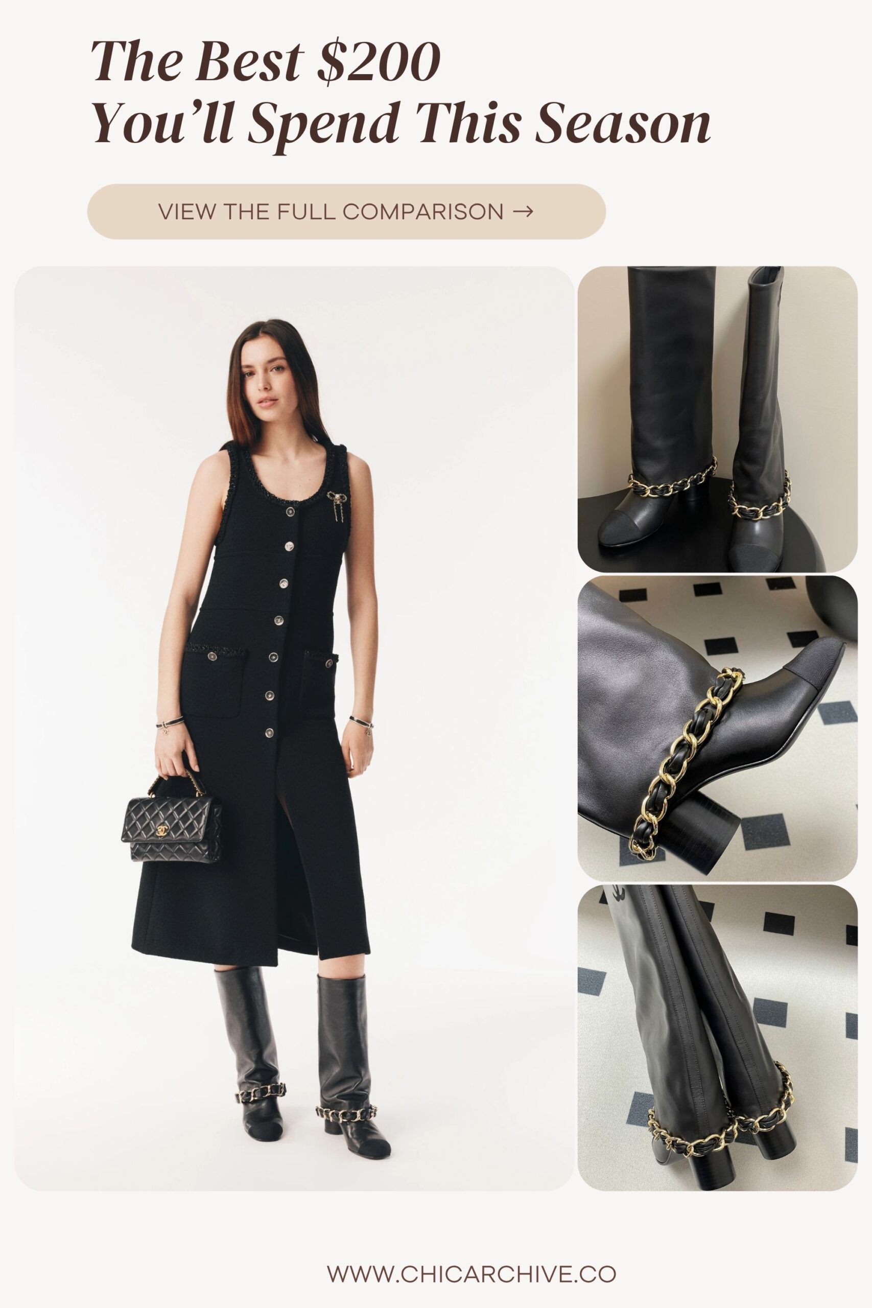 Editorial collage featuring Chanel-inspired knee-high black leather boots with gold chain detailing, paired with a sleeveless black dress and quilted handbag. A quiet luxury look under $200 that blends modern elegance and timeless Parisian style.