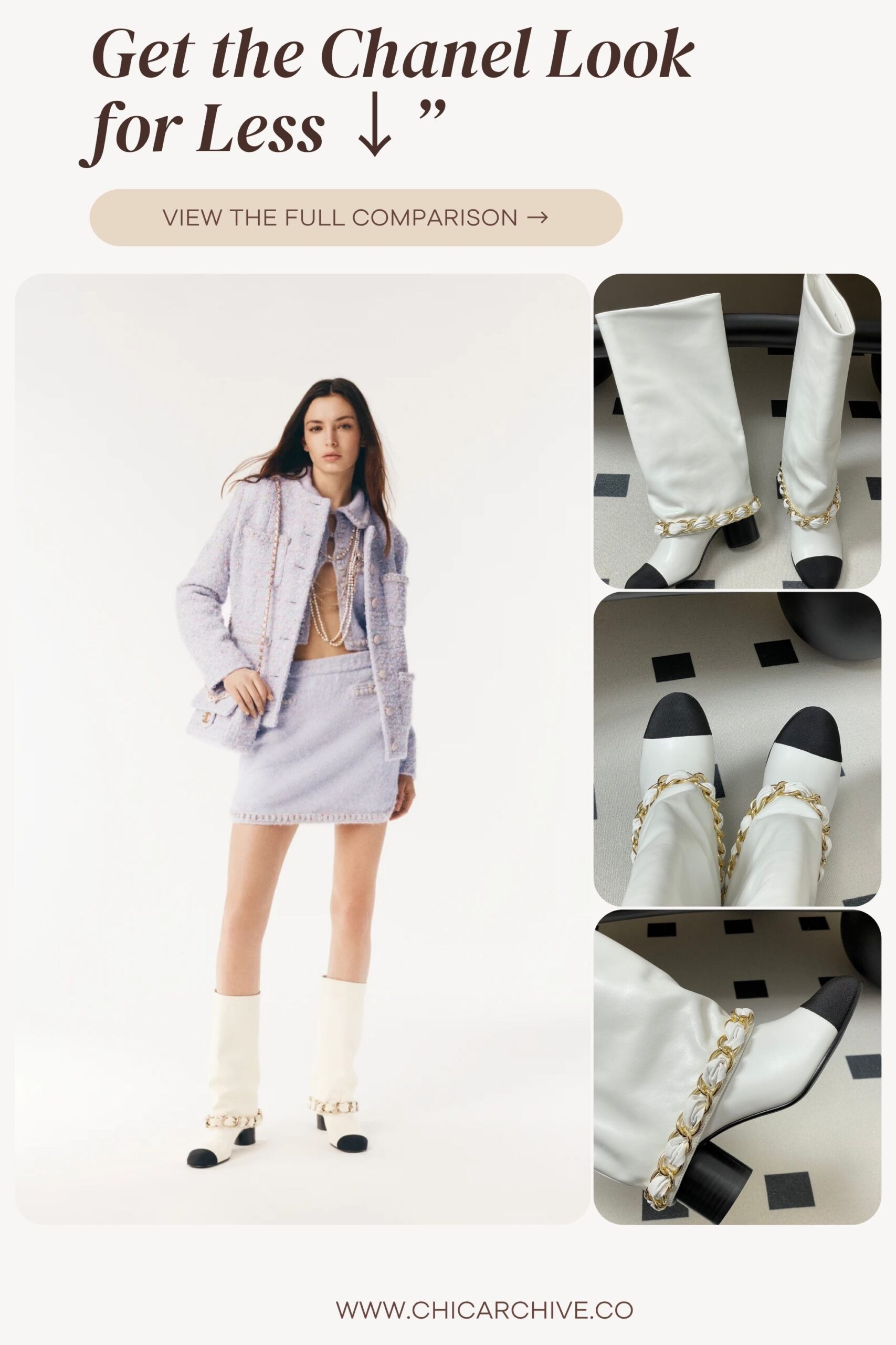 Fashion collage featuring a Chanel-inspired lilac tweed jacket and skirt set styled with white knee-high boots adorned with gold chain details. A curated quiet luxury edit that helps you recreate the iconic Chanel aesthetic for less than $300.