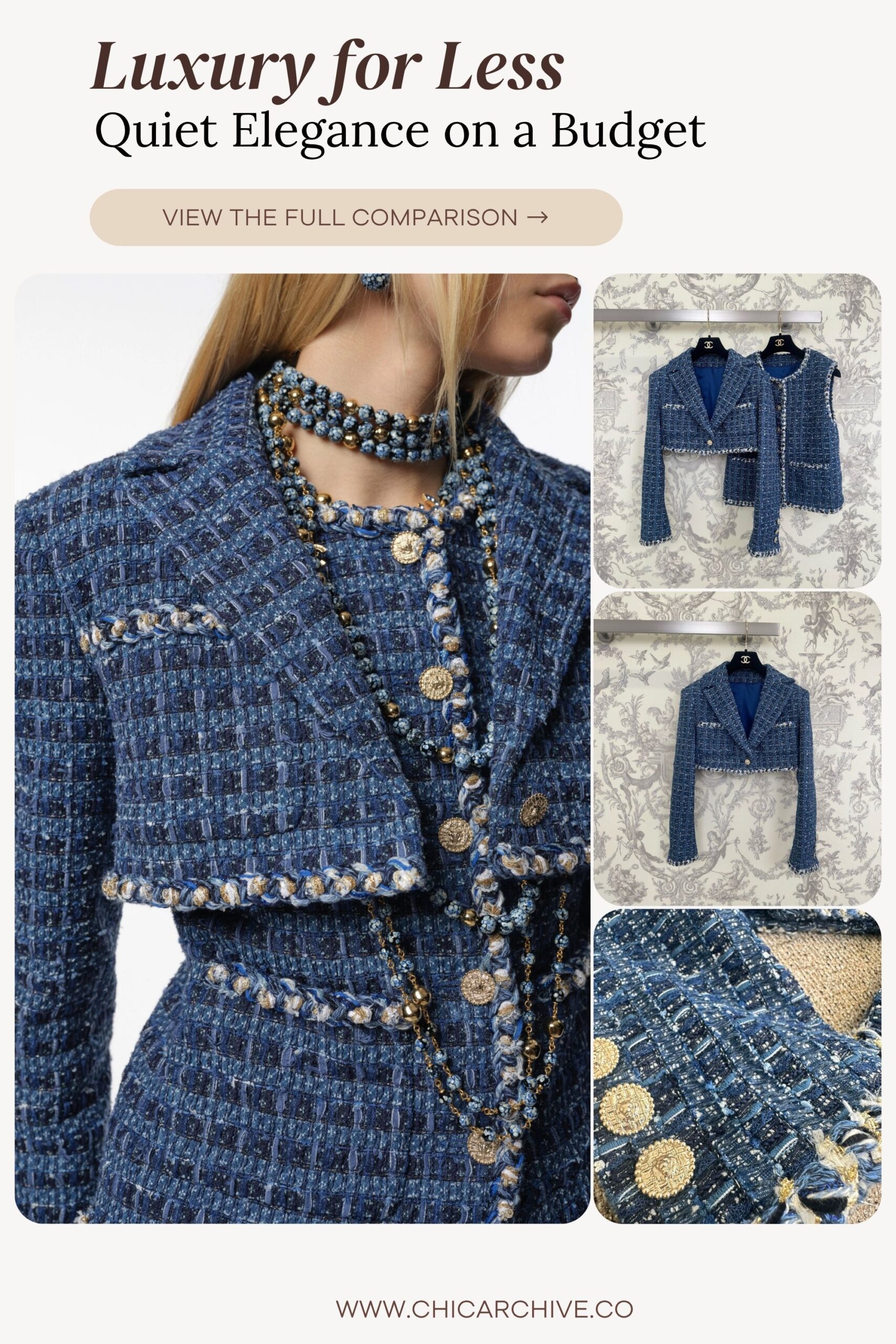 Chic editorial showcasing a blue tweed cropped jacket with gold button accents and braided trim, styled with layered pearl and beaded necklaces. A Chanel-inspired quiet luxury look that delivers refined sophistication on a budget.