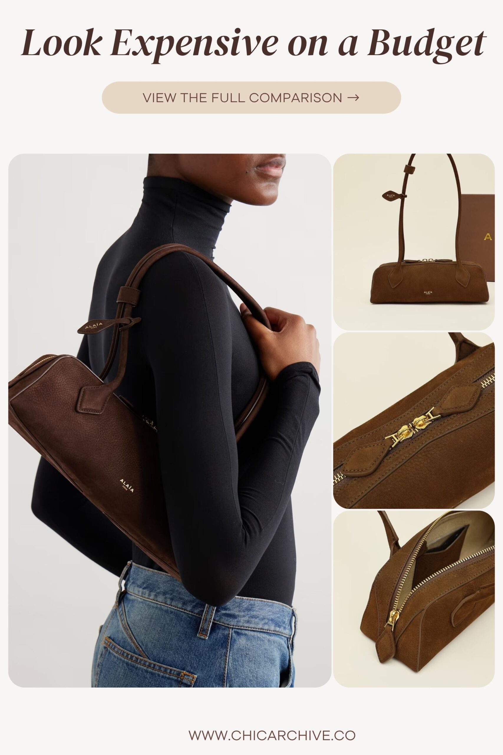 A rich chocolate brown handbag styled with minimalist elegance. This visual guide highlights how to achieve an elevated, quiet luxury look for under $500—refined details, timeless design, and smart affordability.