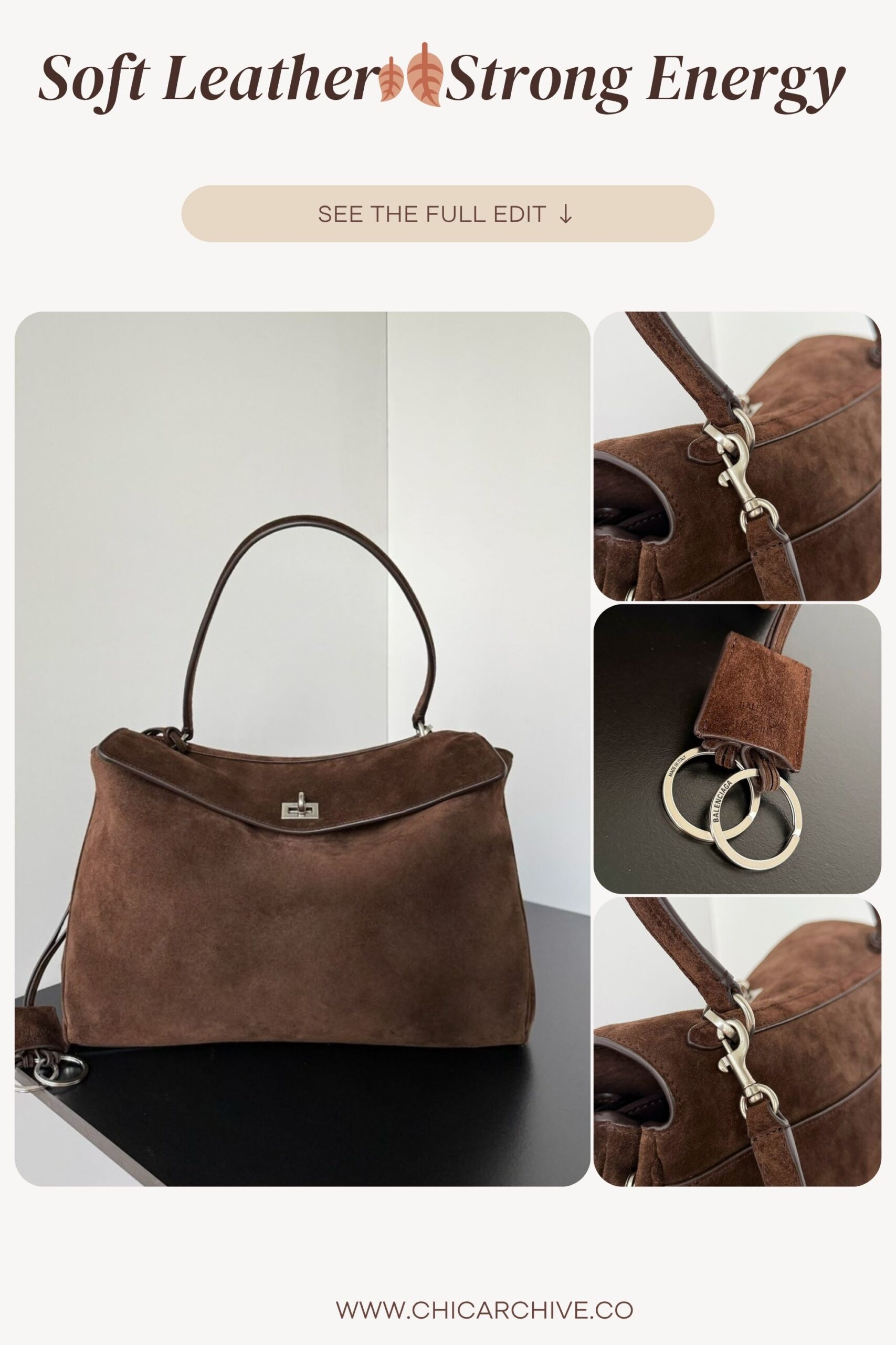Luxurious brown suede handbag featuring sleek silver hardware and refined craftsmanship. A statement piece that blends softness and strength, perfect for elevating any fall capsule wardrobe under $500.