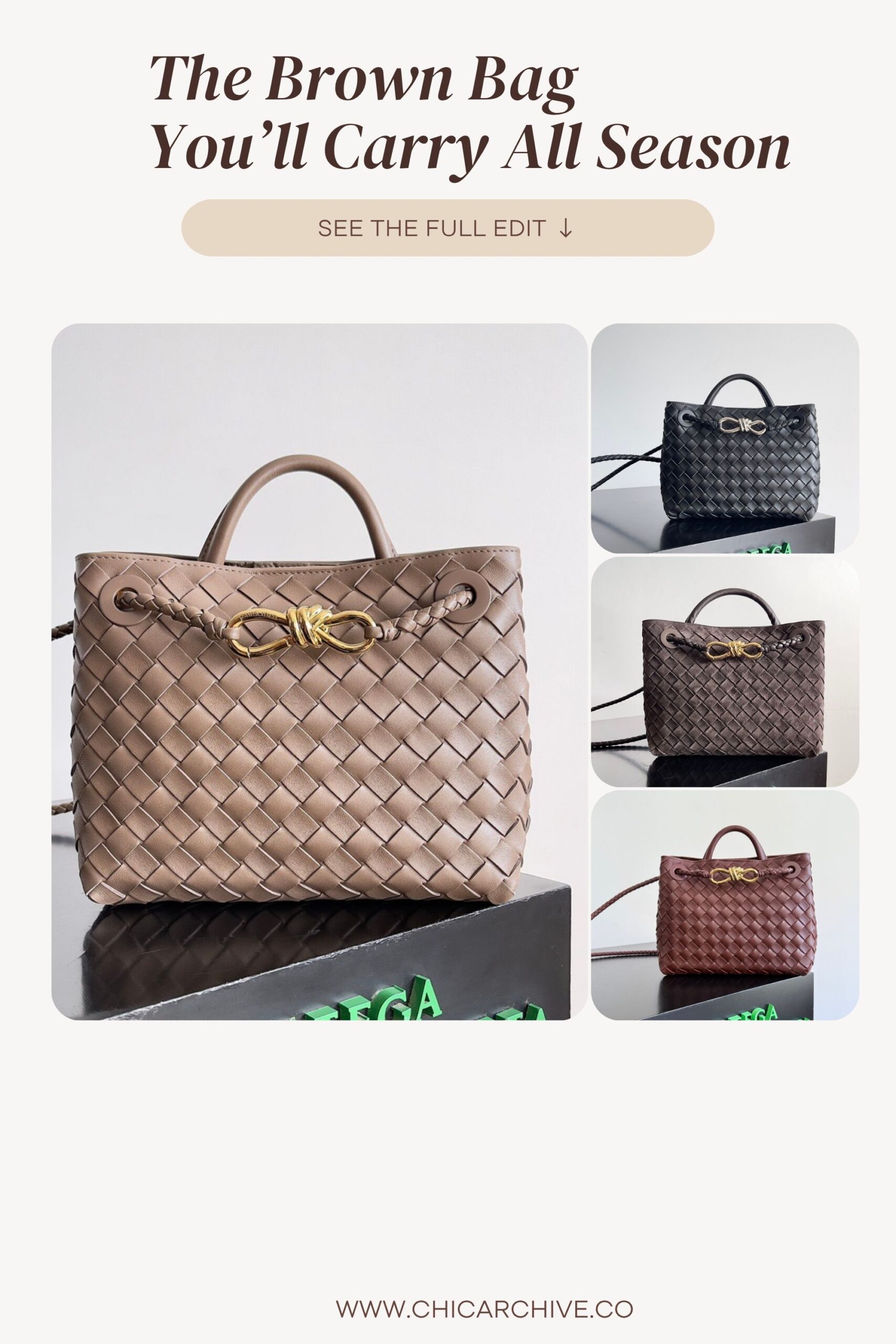 A collection of woven leather handbags in rich brown tones, featuring gold accents and structured silhouettes. Discover the perfect all-season carryall that combines quiet luxury, durability, and effortless style under $500.