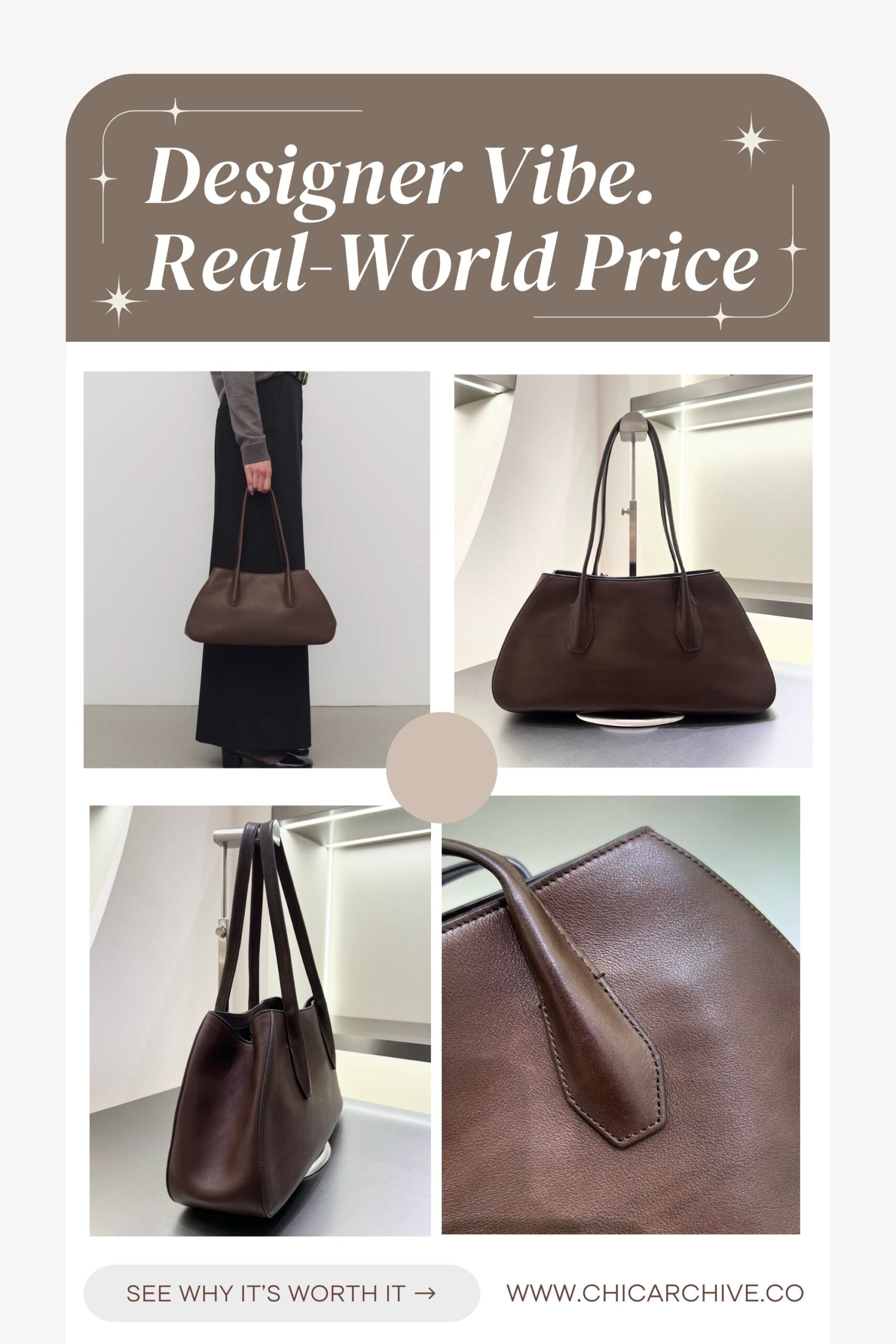 Elegant brown leather handbag with a timeless silhouette and premium texture. This modern capsule essential delivers quiet luxury and designer-level sophistication—without the designer price tag.