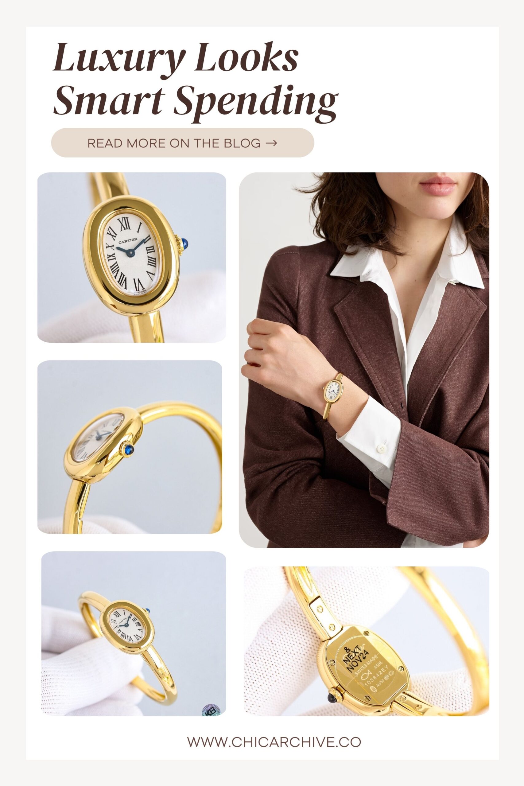 A close-up of a woman wearing a sleek gold wristwatch with a minimalist oval dial and Roman numerals, styled with a beige knit sweater and a simple gold ring. The soft neutral palette and polished finish create a warm, elegant quiet luxury aesthetic — perfect for daily sophistication.  