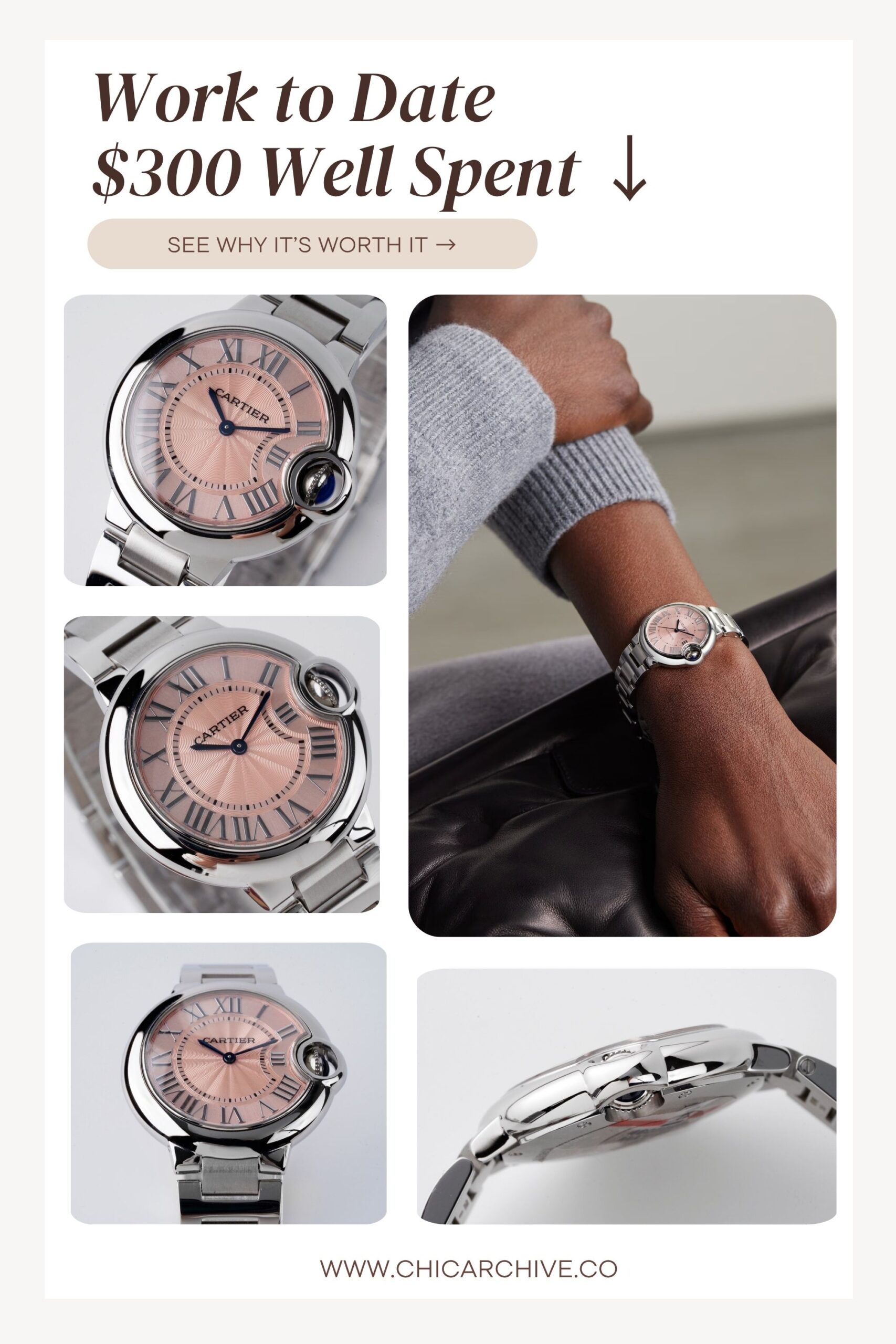 Stylish close-up shots of minimalist watches in gold and brown tones — featuring sleek oval and rectangular dials with Roman numerals. The pairing of soft knits, striped shirts, and tailored layers reflects quiet luxury and timeless modern elegance for everyday wear.  