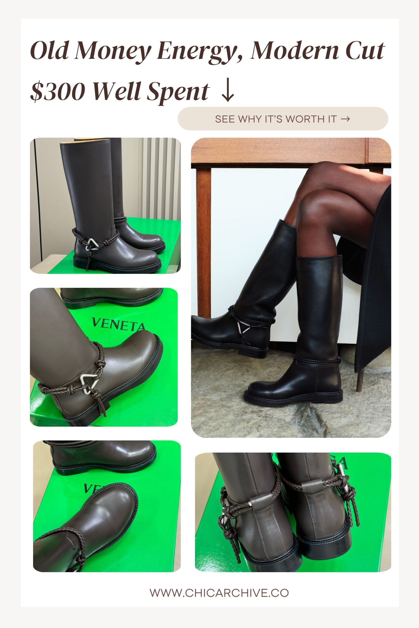 Close-up shot of a minimalist outfit featuring brown suede pointed-toe boots styled with wide-leg jeans and a chunky knit sweater. The muted tones and relaxed proportions capture The Row-inspired quiet luxury winter aesthetic.