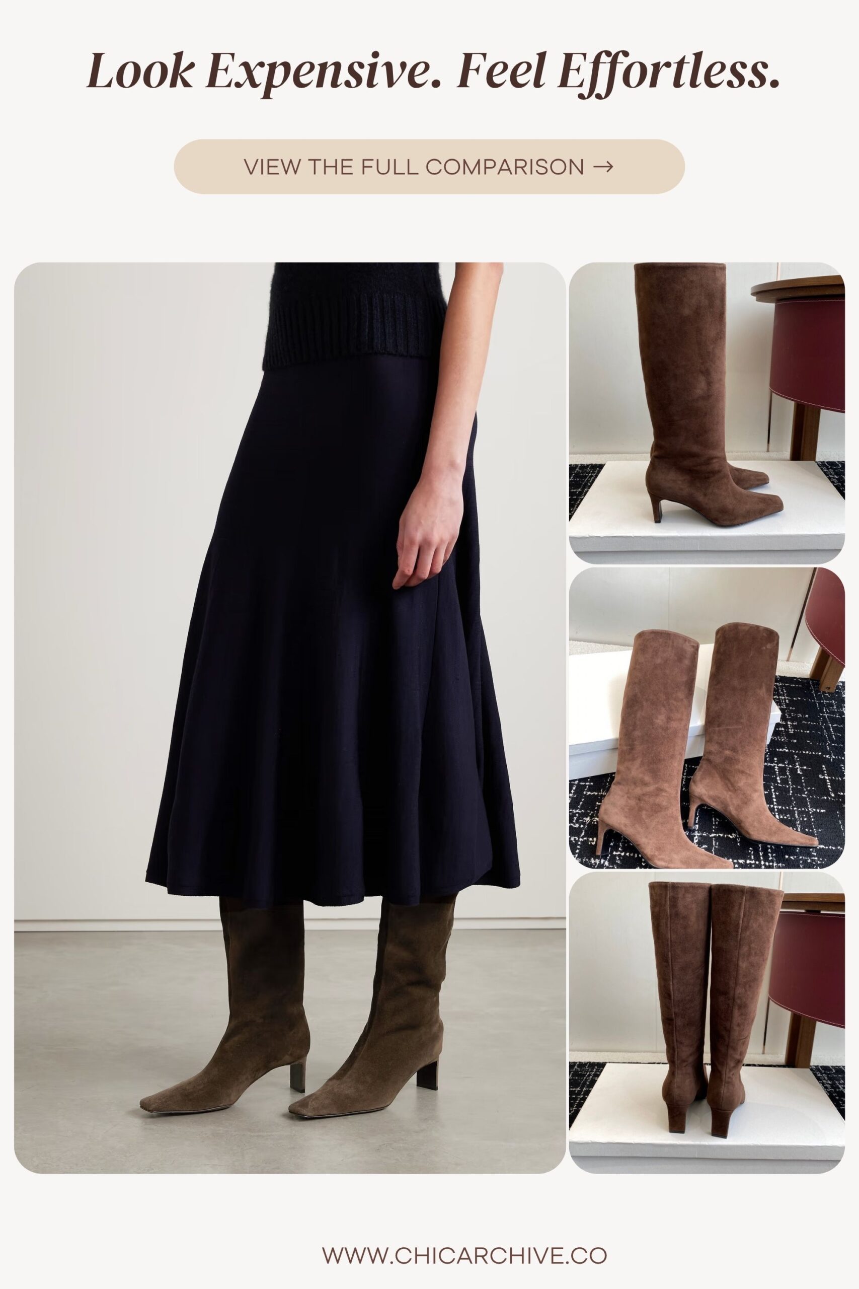 A close-up and full-body collage showing brown suede knee-high boots styled with a navy midi skirt. The soft pointed toe and slim heel design add effortless polish to a quiet luxury fall look. Perfect for styling with skirts, long coats, or minimalist outfits for everyday sophistication.