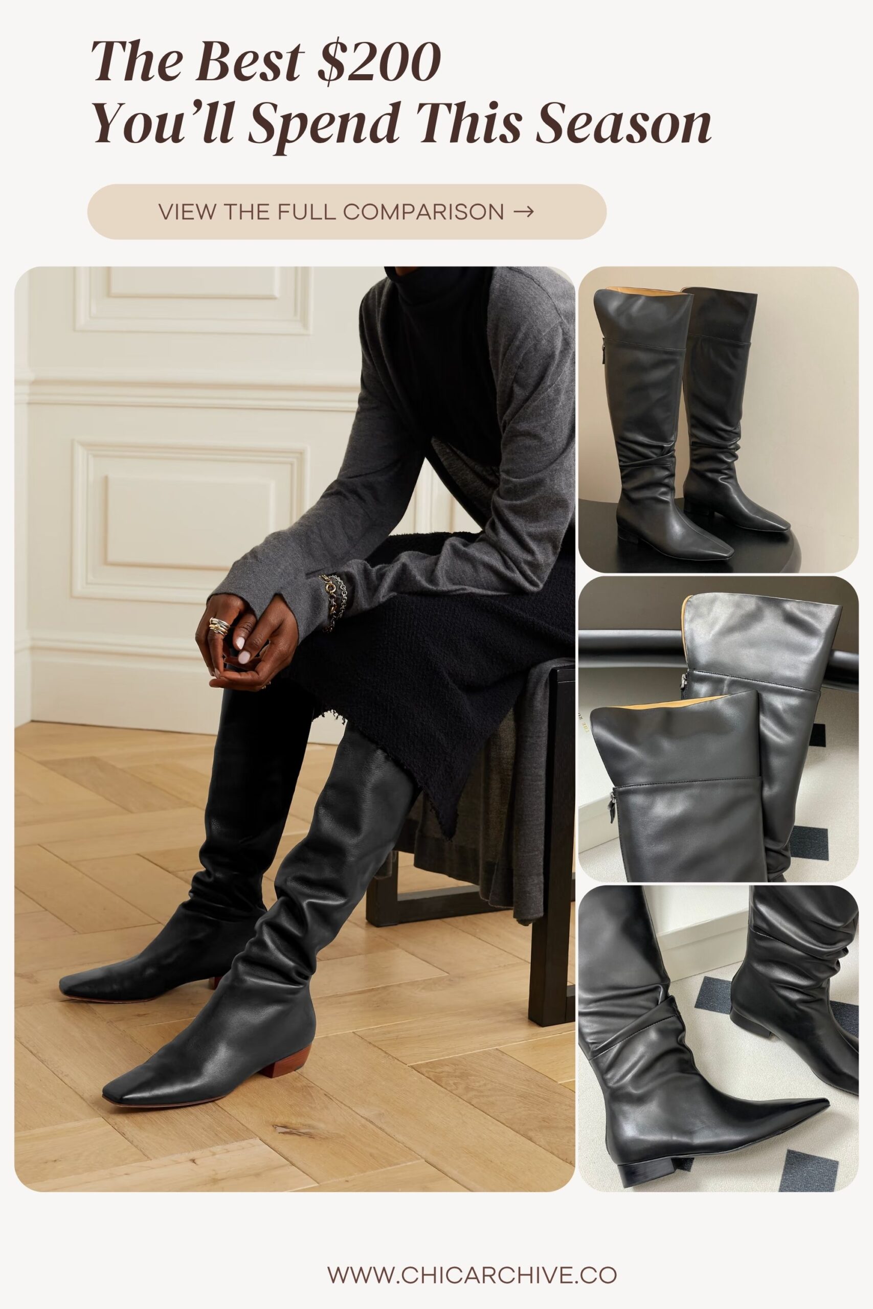 Lifestyle and product shots of sleek black leather knee-high boots with a slight heel. Styled with a monochrome outfit featuring a long knit dress and layered cardigan, creating a minimal and refined fall look. The smooth leather texture and clean silhouette capture modern quiet luxury.